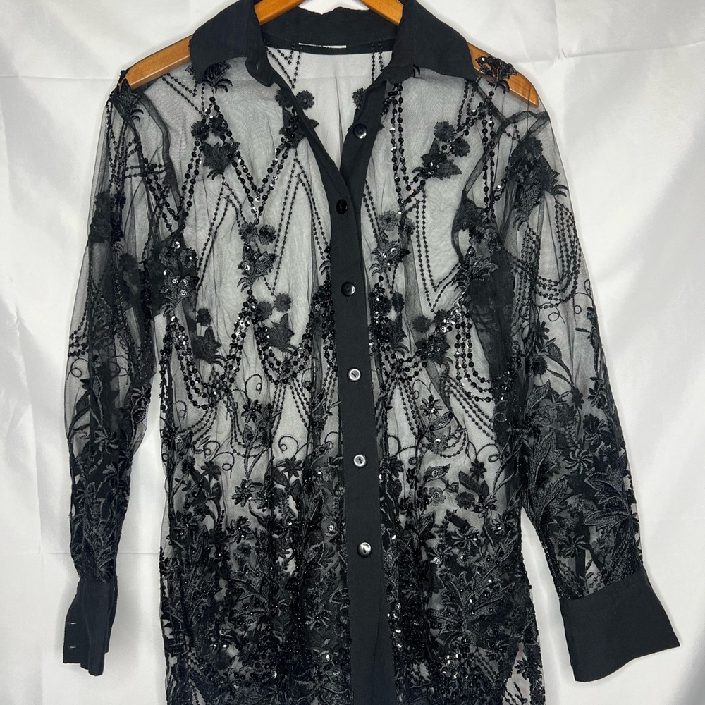 Sequined mesh shacket for evening